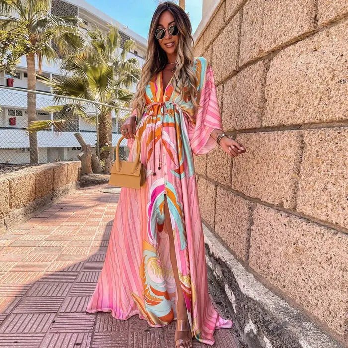 Abstract Print V-Neck Maxi Dress with Kimono Sleeves