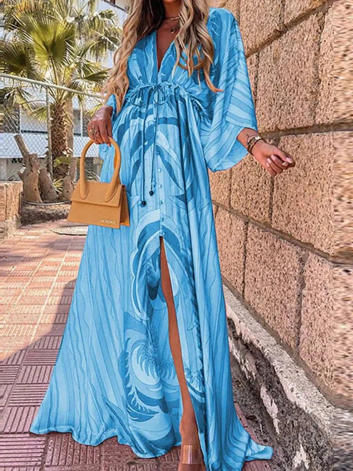 Abstract Print V-Neck Maxi Dress with Kimono Sleeves