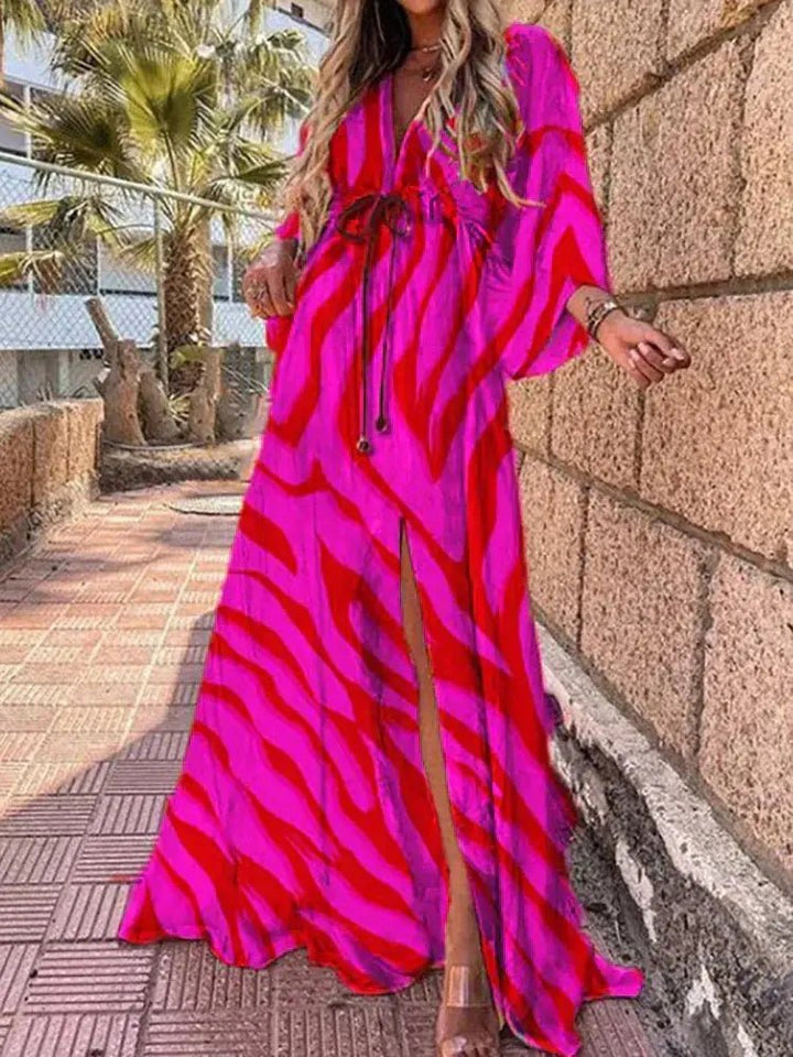 Abstract Print V-Neck Maxi Dress with Kimono Sleeves