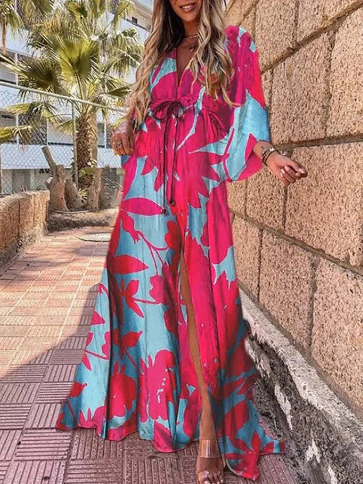 Abstract Print V-Neck Maxi Dress with Kimono Sleeves