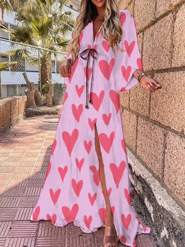 Abstract Print V-Neck Maxi Dress with Kimono Sleeves