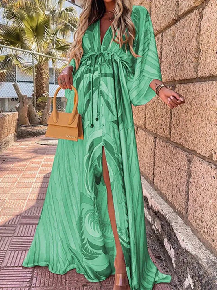 Abstract Print V-Neck Maxi Dress with Kimono Sleeves