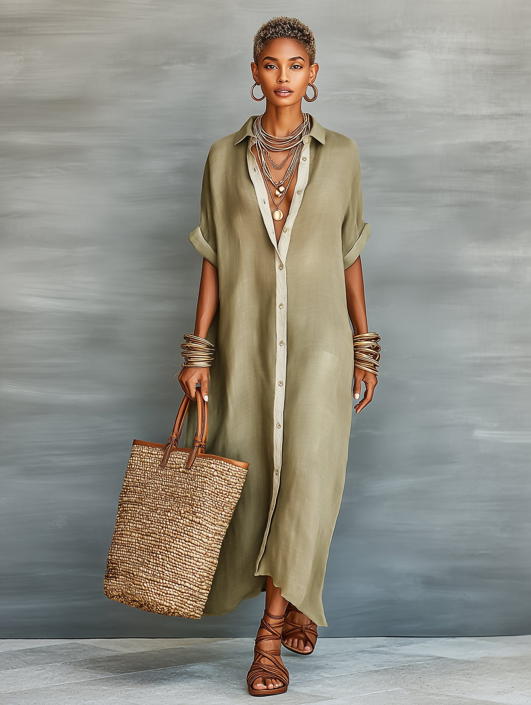 Linen Blend Maxi Shirt Dress