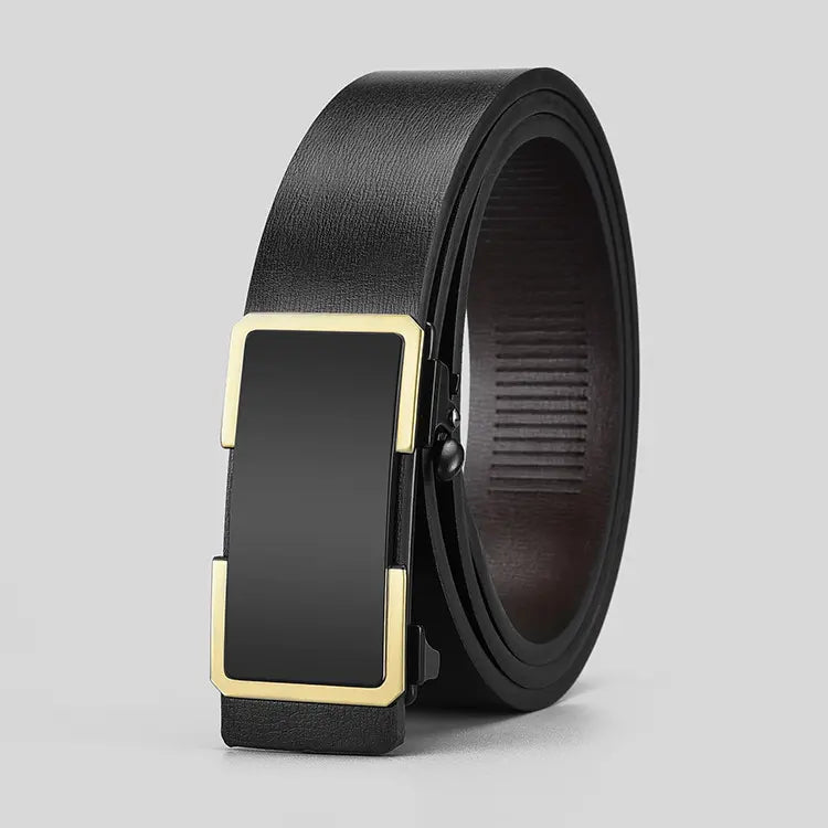 Men's black leather automatic belt featuring a matte black strap and a sleek rectangular buckle with polished gold frame, showcasing its adjustable ratchet mechanism.