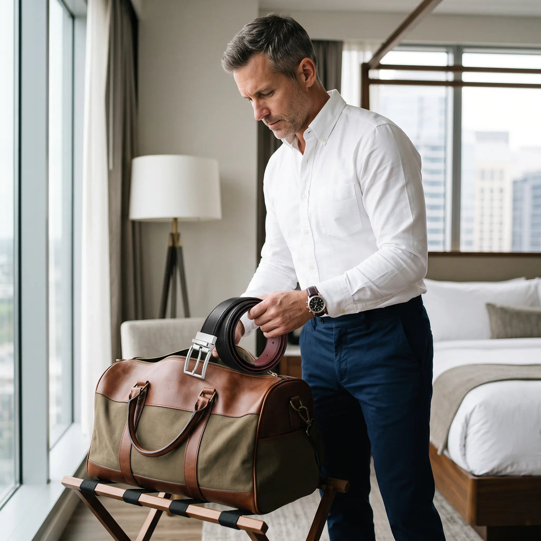 Man in a hotel room holding a black and brown reversible leather belt with a polished silver rotating buckle, preparing for travel with a duffel bag by the window.