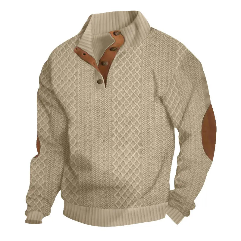 Men's textured diamond cable knit sweater in light beige, featuring a stand-up collar with button placket and faux leather elbow patches, presented front view.