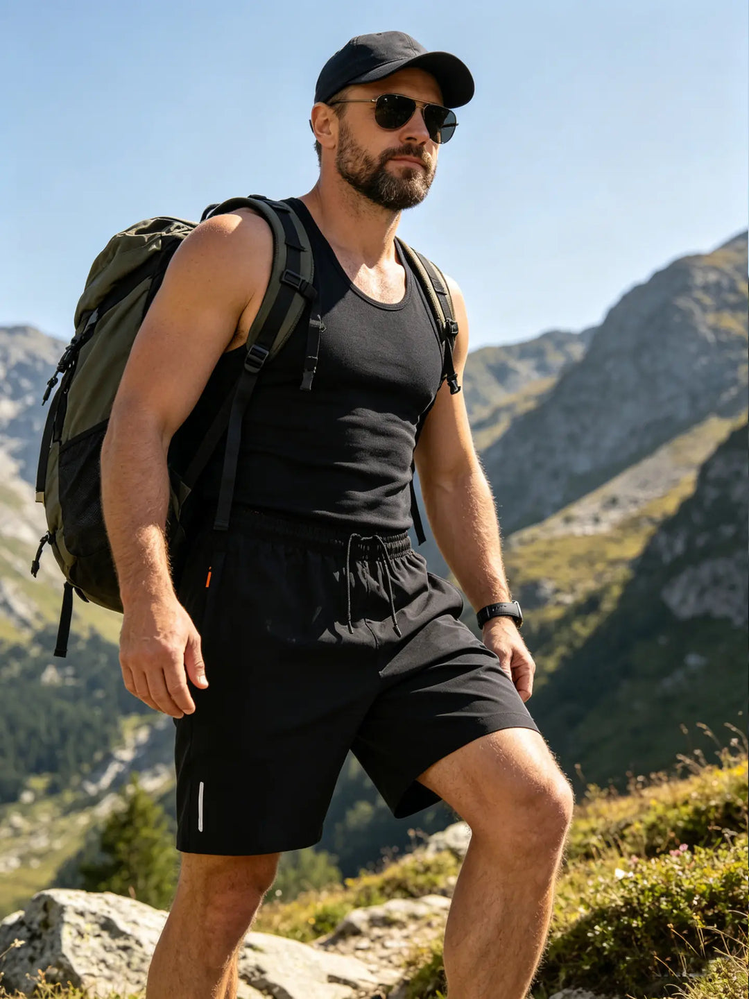 Man wearing black quick-dry athletic shorts with a reflective strip and orange zipper pocket, hiking outdoors in mountains with a backpack.