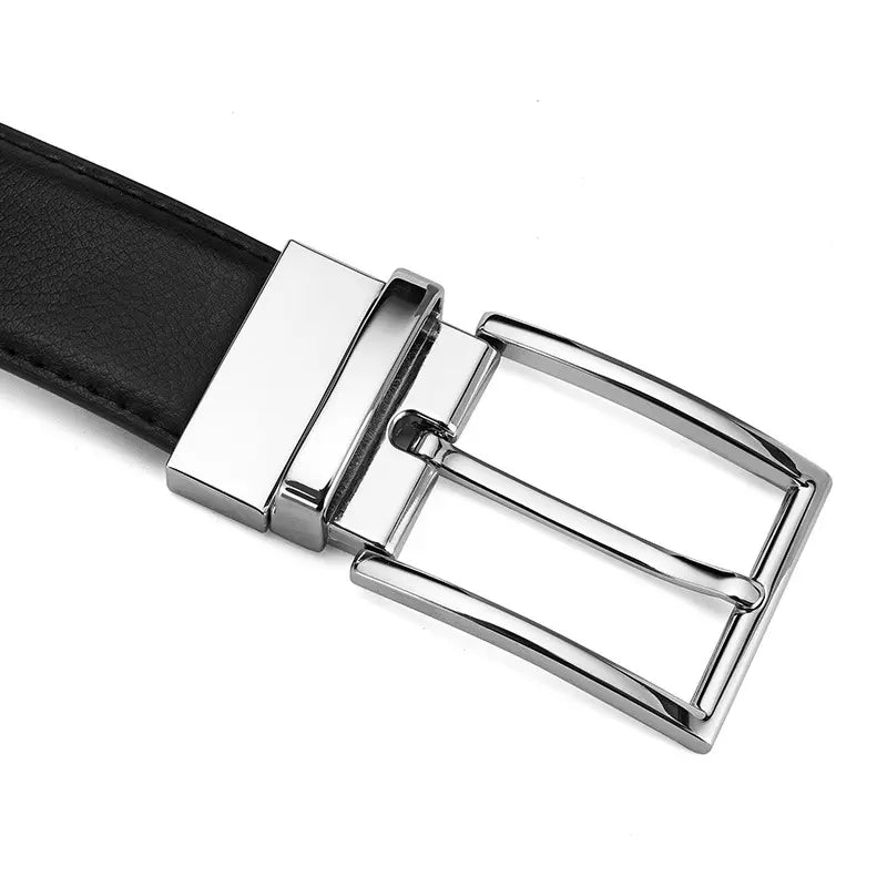 Close-up of a men's black leather belt featuring a polished silver rotating pin buckle and a smooth strap detail on a white background.