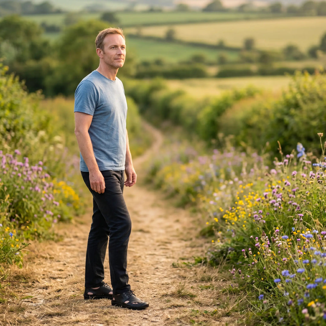 Man wearing black leather casual lace-up sandals with a closed toe stands on a scenic path amidst wildflowers and rolling hills in the English countryside.