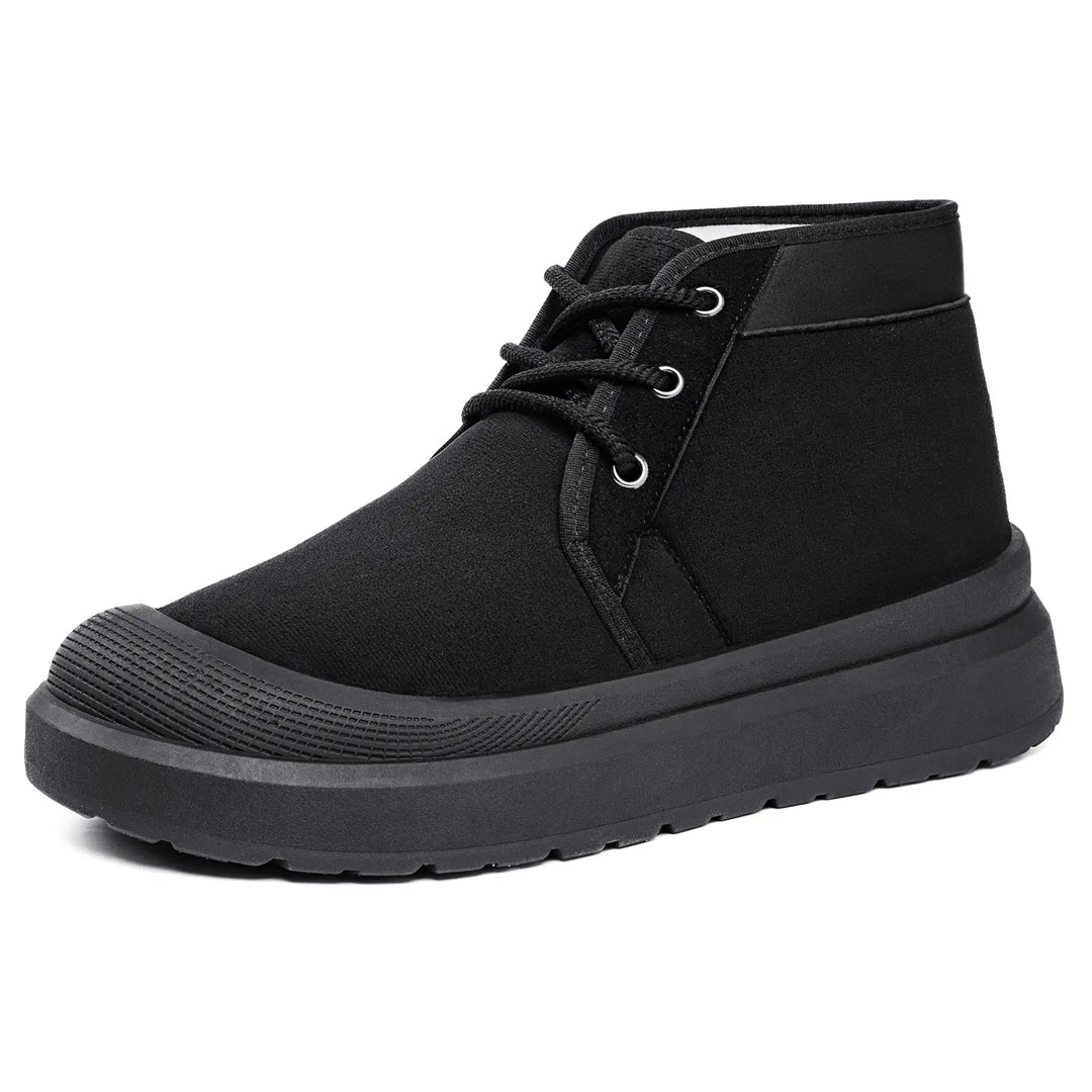Black men's mid-calf winter boots with a matte suede-like upper, plush faux fur lining, lace-up closure, and a substantial two-tone platform sole. These warm snow boots offer casual comfort and excellent traction for winter wear.
