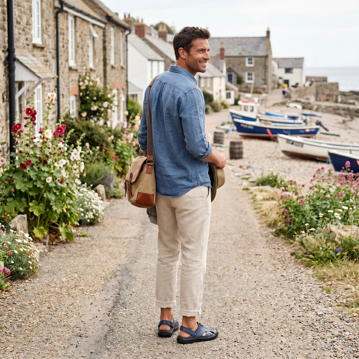 Man in blue linen shirt and beige trousers walks along a coastal path, wearing dark blue closed-toe sandals, holding a hat, with a seaside village and boats in the background.