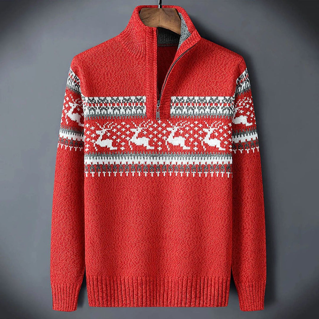 Fair Isle Half-Zip Ribbed Knit Sweater