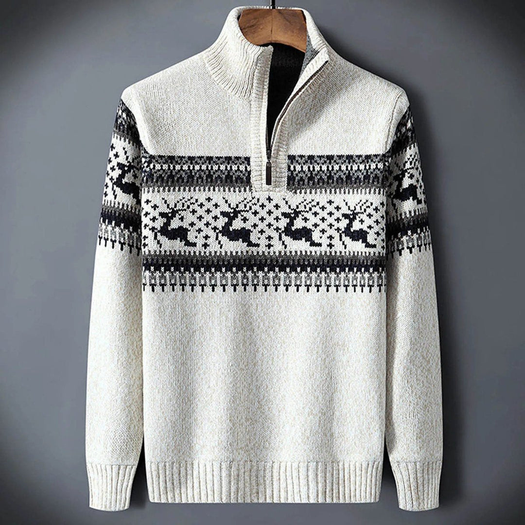 Fair Isle Half-Zip Ribbed Knit Sweater