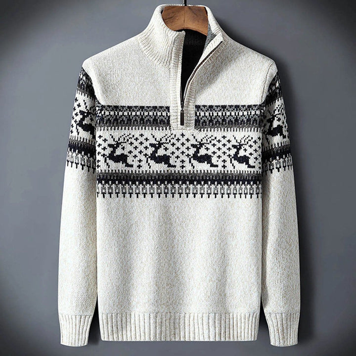 Fair Isle Half-Zip Ribbed Knit Sweater