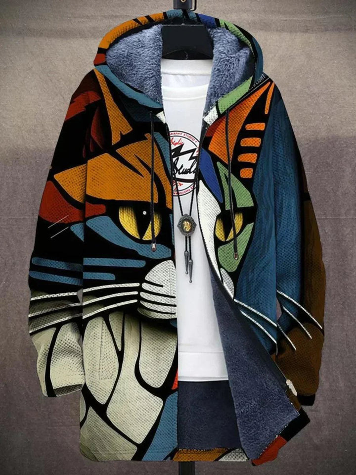 Abstract Print Fleece-Lined Zip-Up Hoodie