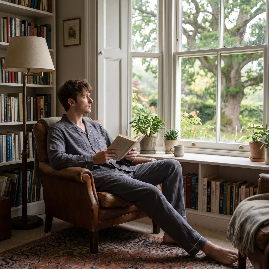 Man in a grey cotton pajama set with contrast piping, relaxing by a window with a book. Lifestyle shot showcasing loungewear comfort and style.