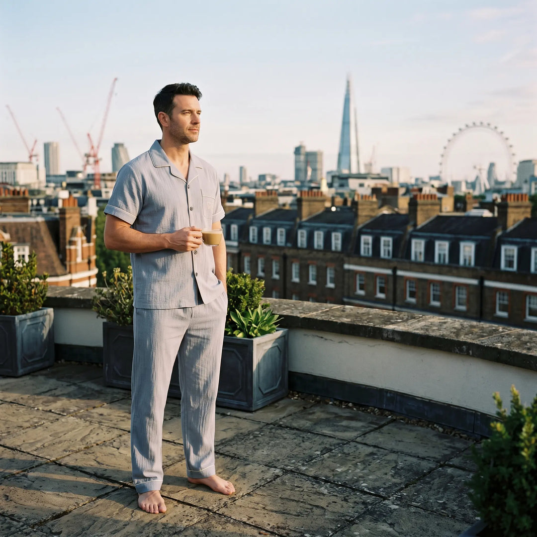 Man wearing a light blue short-sleeve cotton pajama set with contrast piping, holding a coffee cup on a rooftop overlooking a city skyline at dawn.