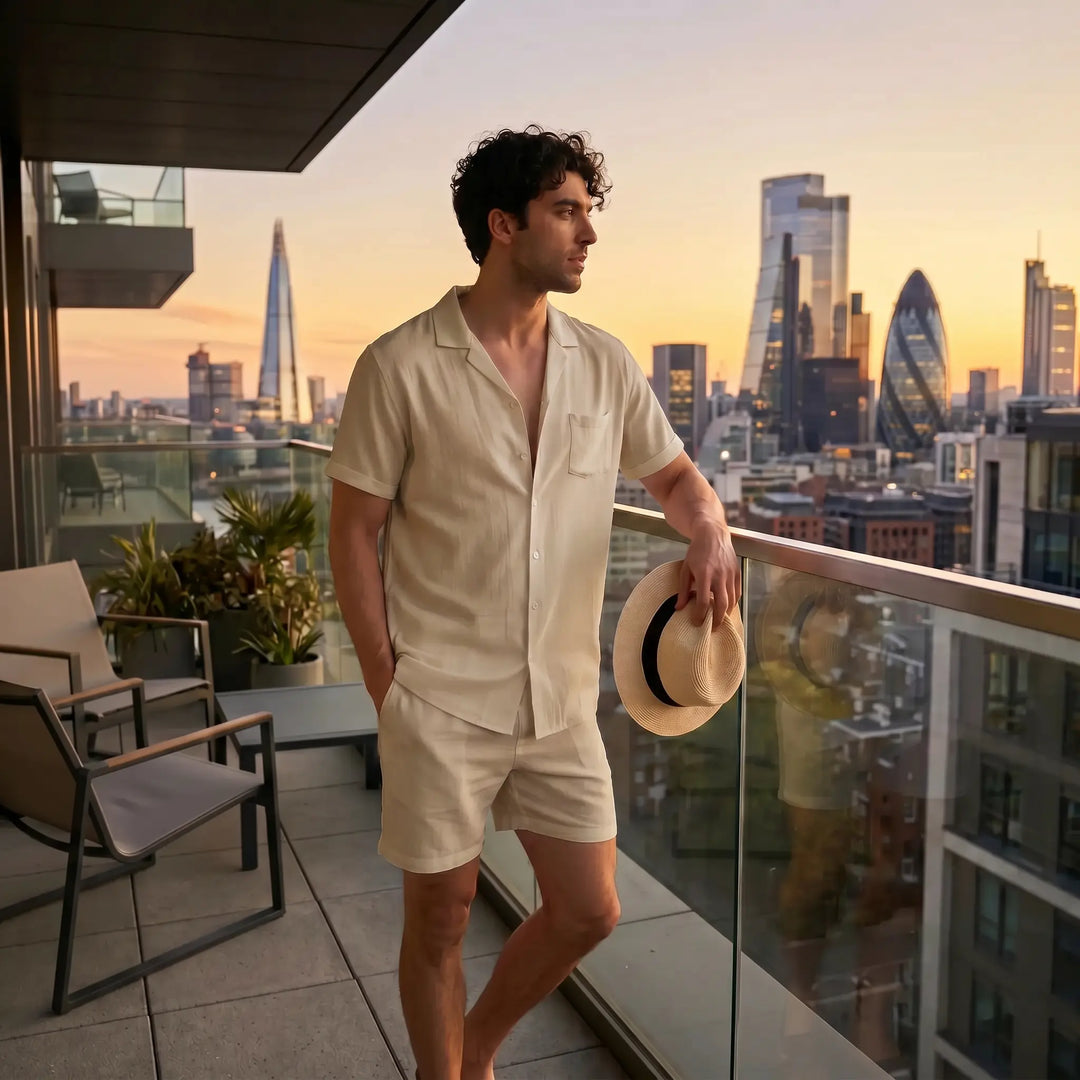 Man wearing a warm beige linen-blend short-sleeve camp collar shirt and matching shorts set, standing on a balcony overlooking a city skyline at sunset.