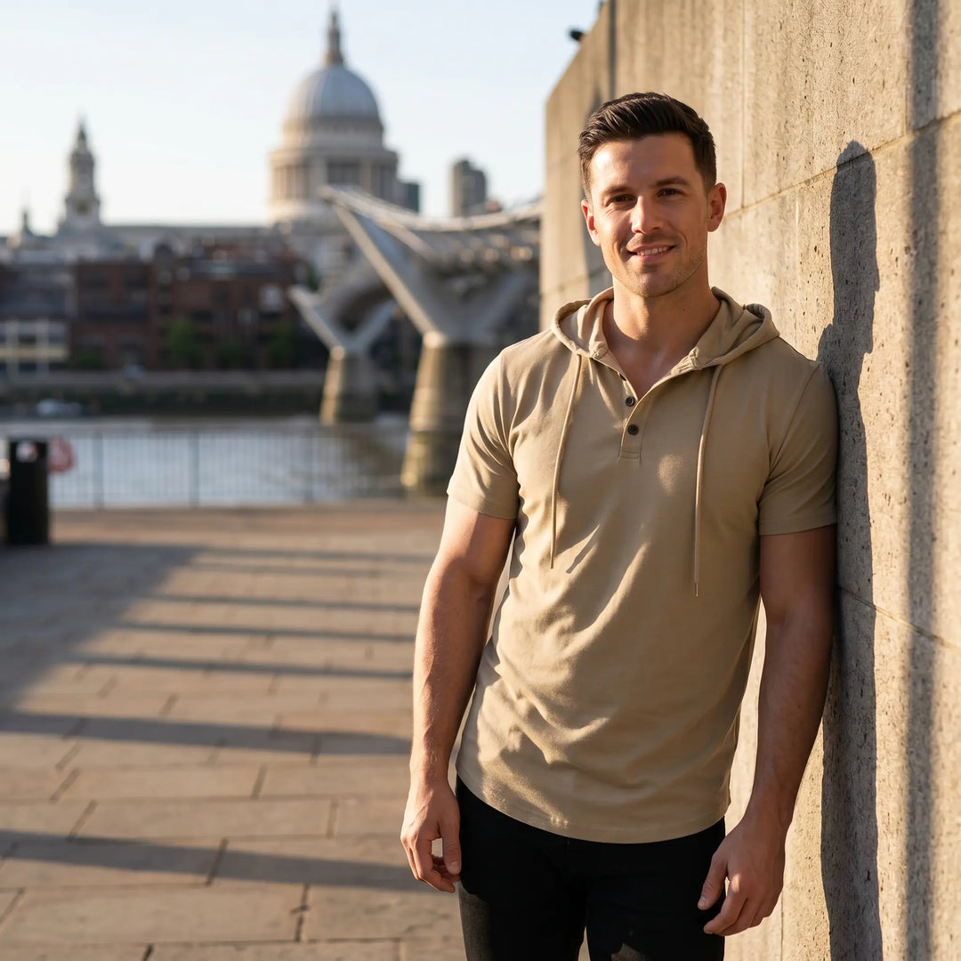 Man wearing a short-sleeve khaki hooded henley tee with matte black buttons and drawstrings, leaning against a textured wall in an urban riverside setting.