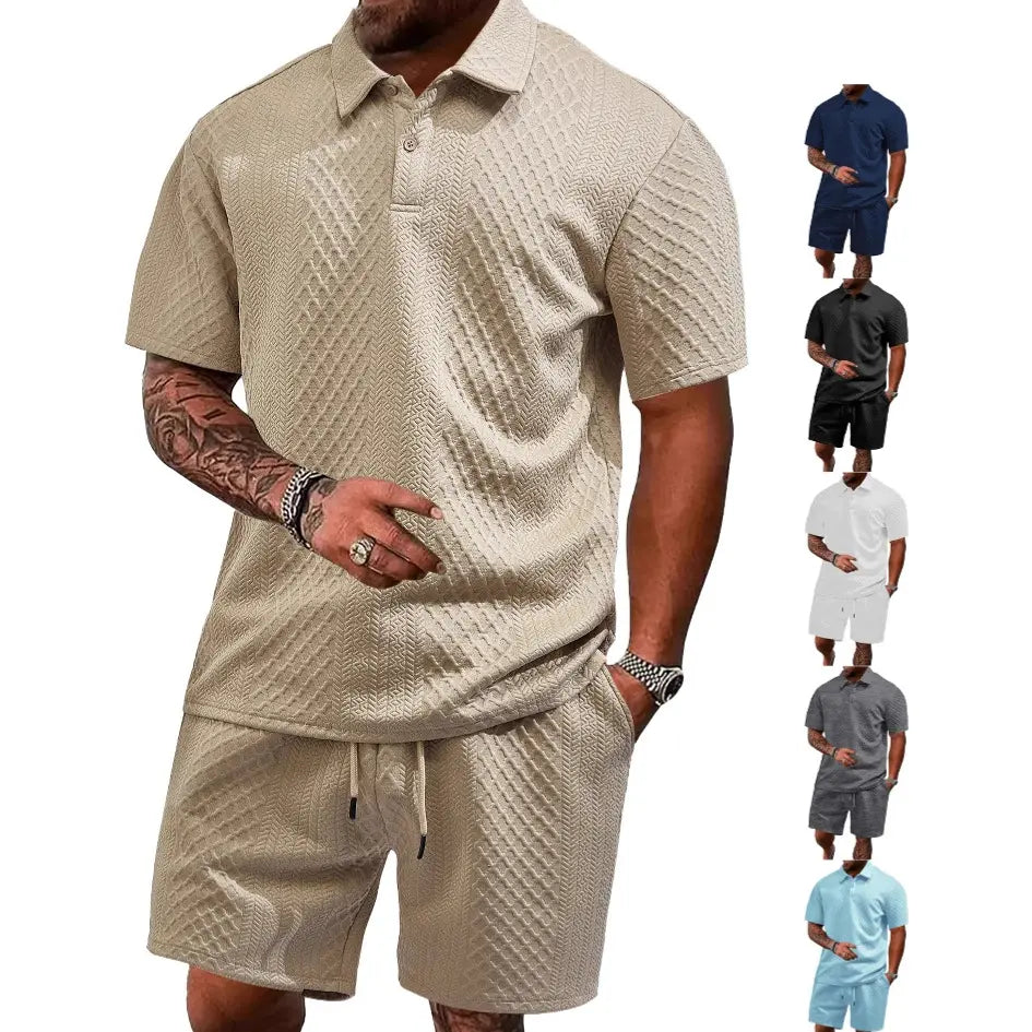 Men's light beige textured jacquard knit polo shirt and shorts set, featuring a repeating diamond pattern and a relaxed fit.