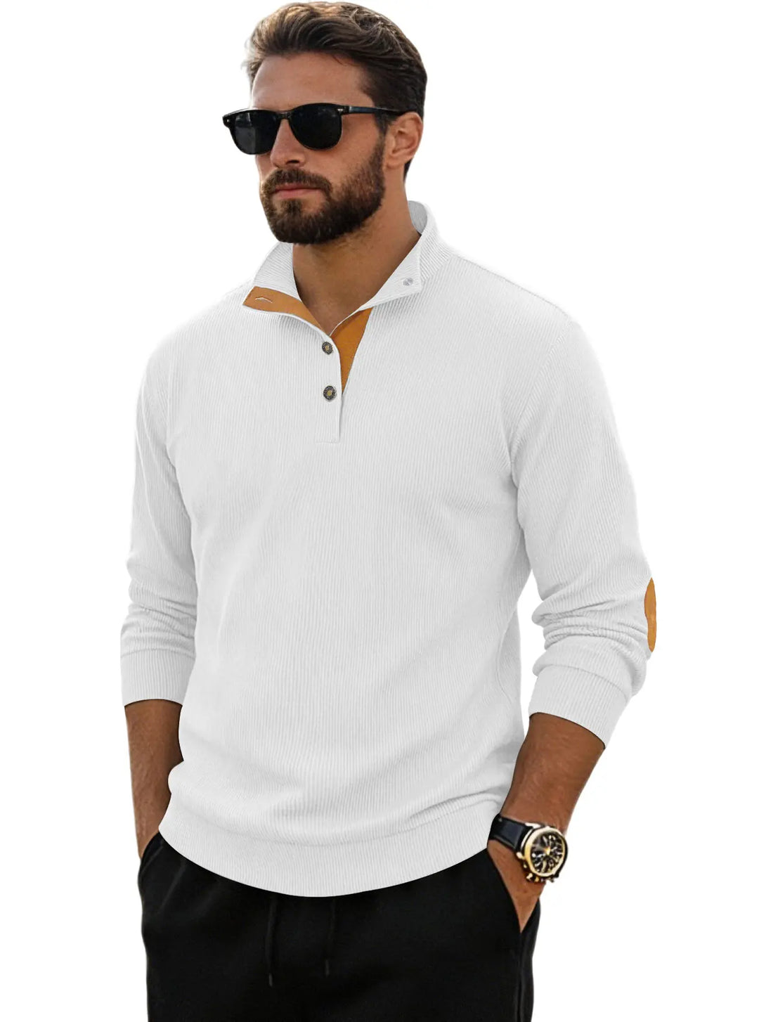 Men's white fine-ribbed corduroy Henley pullover featuring a stand collar, button placket, and contrasting tan suede elbow patches, presented against a white background.