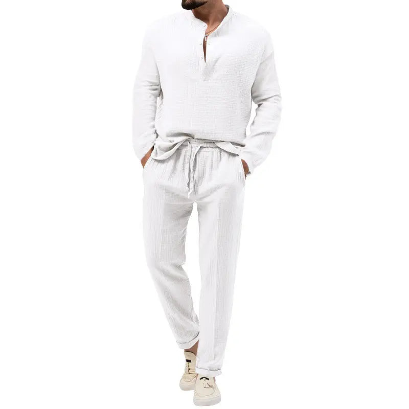 Men's Zylosyn casual set in white, featuring a textured long-sleeve shirt with a band collar and partial button placket, paired with comfortable drawstring trousers.