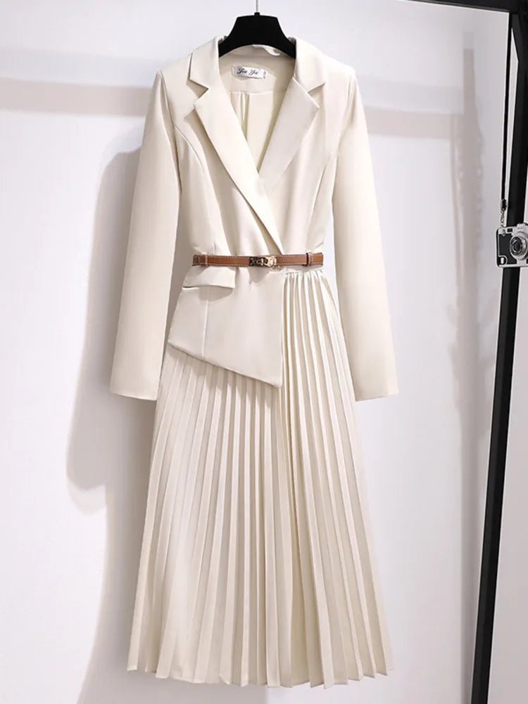 Belted Blazer Midi Dress with Pleated Skirt
