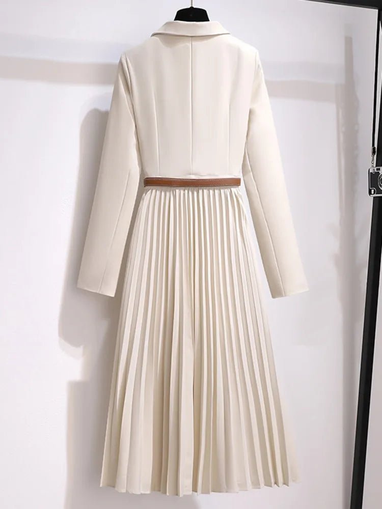 Belted Blazer Midi Dress with Pleated Skirt