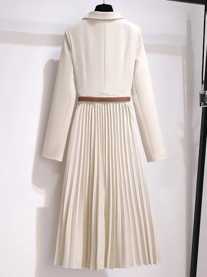 Belted Blazer Midi Dress with Pleated Skirt