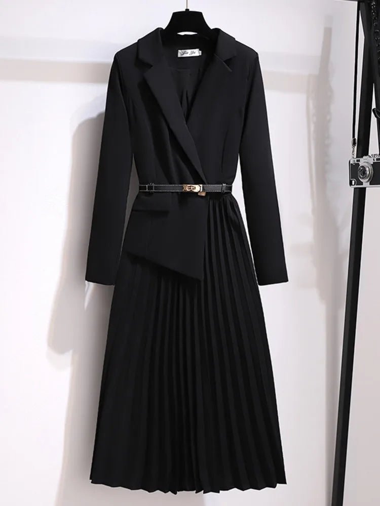 Belted Blazer Midi Dress with Pleated Skirt