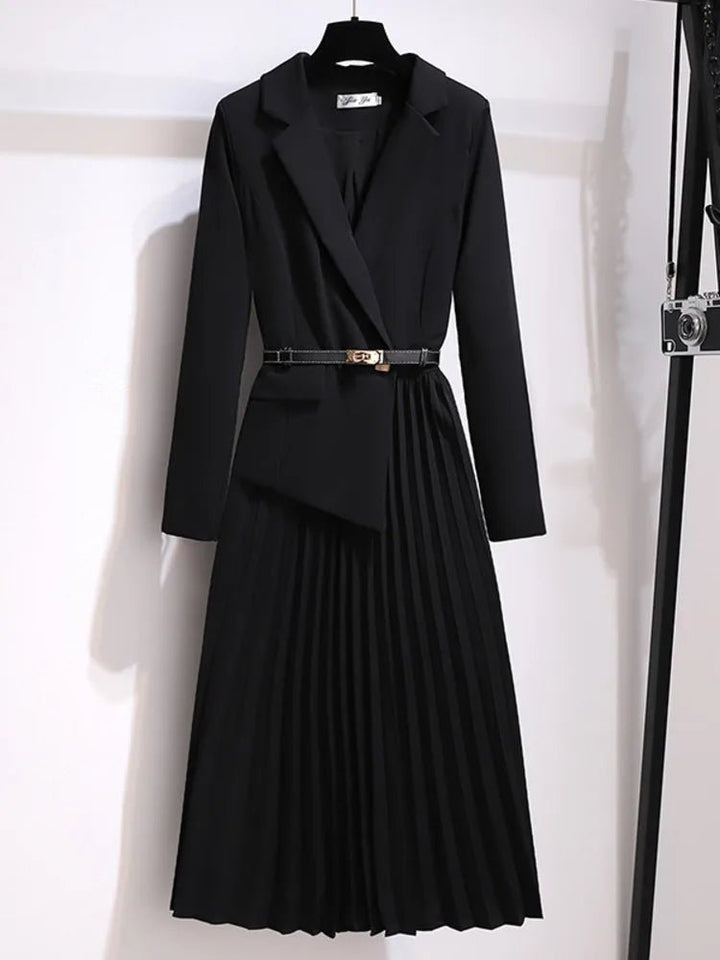 Belted Blazer Midi Dress with Pleated Skirt