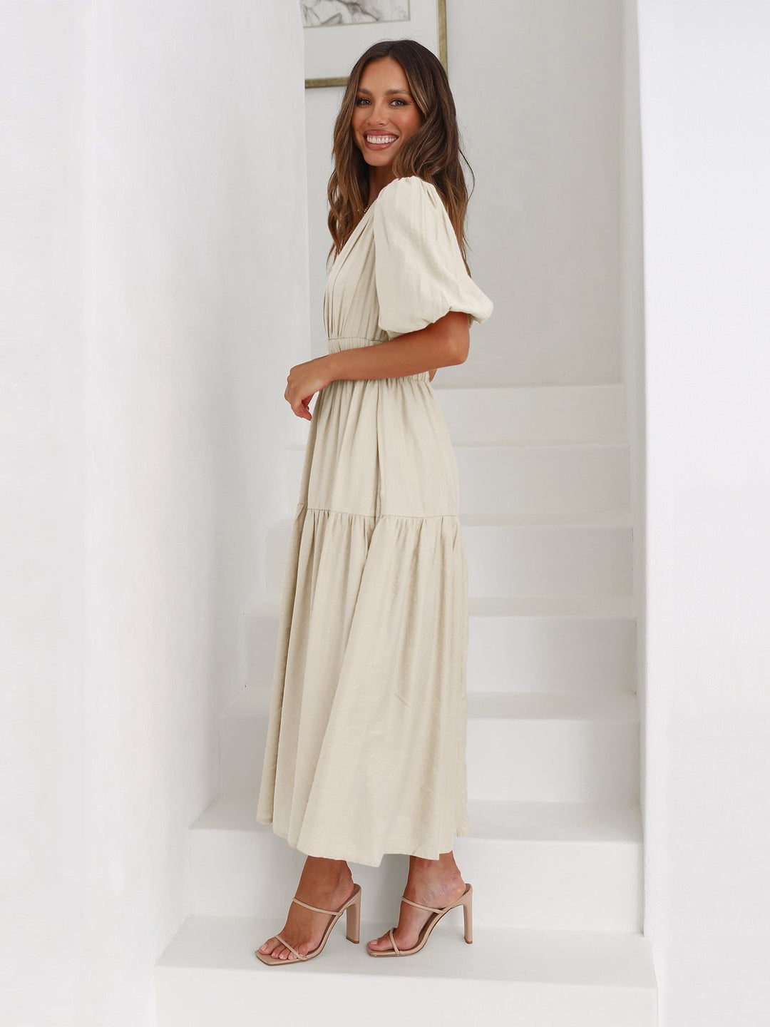 V-Neck Puff Sleeve Midi Dress with Smocked Waist