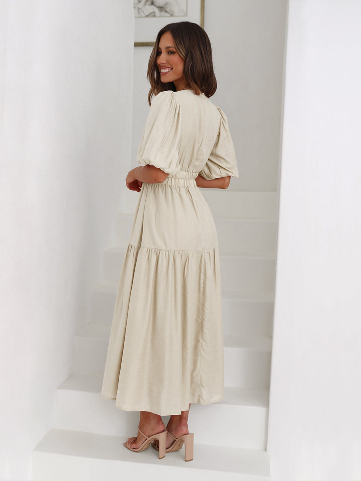 V-Neck Puff Sleeve Midi Dress with Smocked Waist