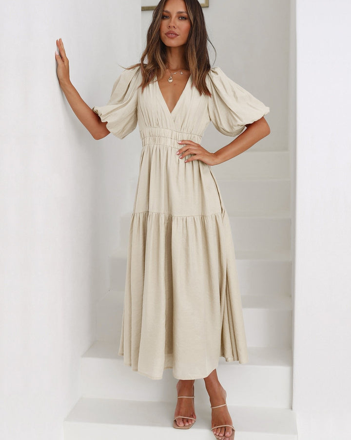V-Neck Puff Sleeve Midi Dress with Smocked Waist