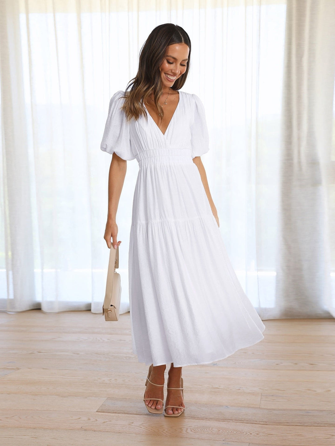 V-Neck Puff Sleeve Midi Dress with Smocked Waist