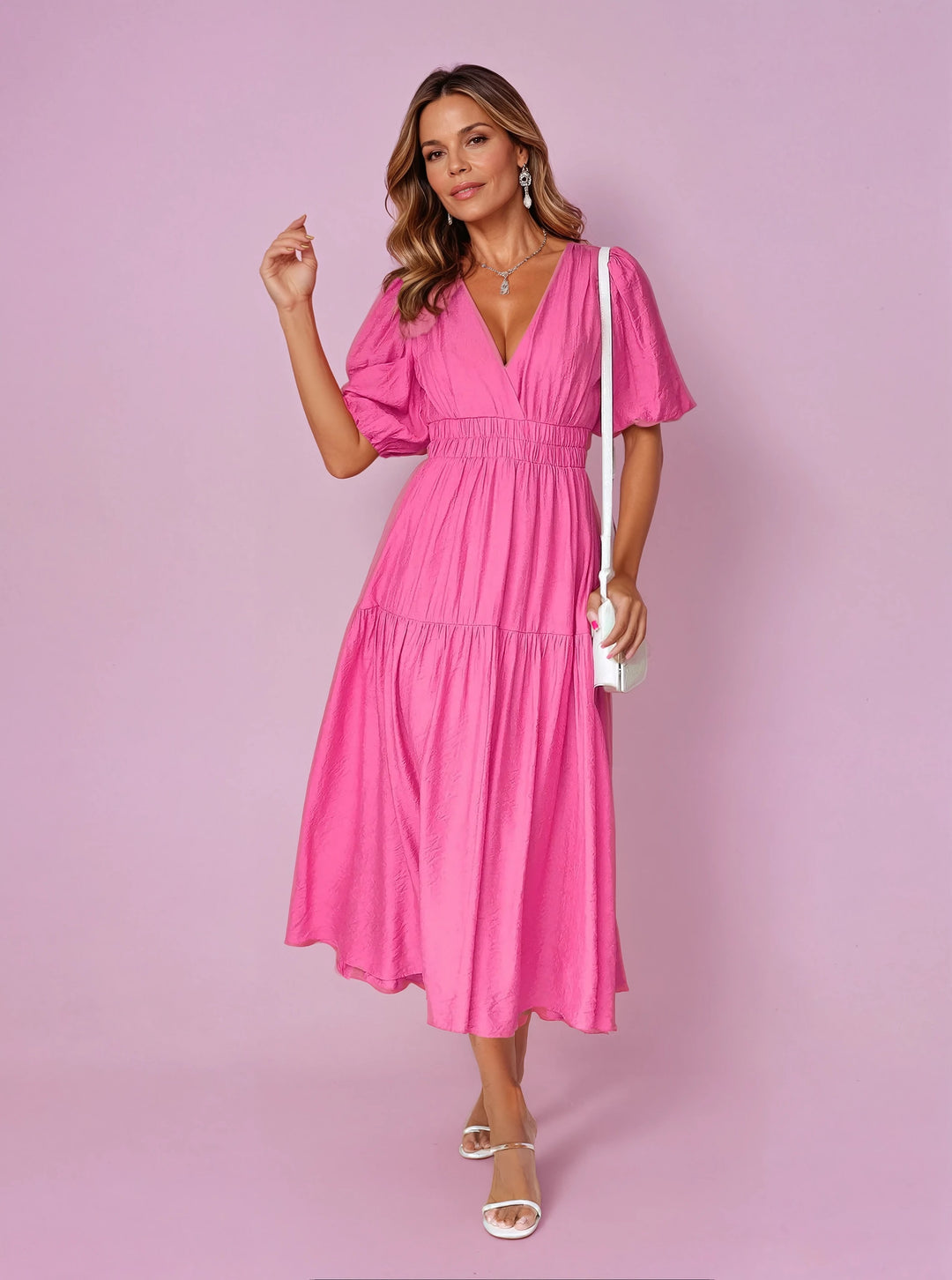 V-Neck Puff Sleeve Midi Dress with Smocked Waist