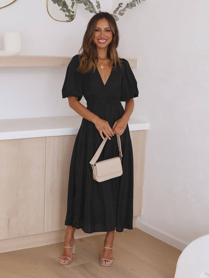 V-Neck Puff Sleeve Midi Dress with Smocked Waist