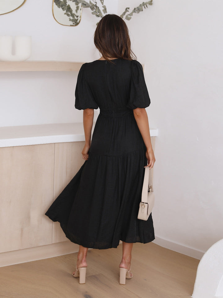 V-Neck Puff Sleeve Midi Dress with Smocked Waist