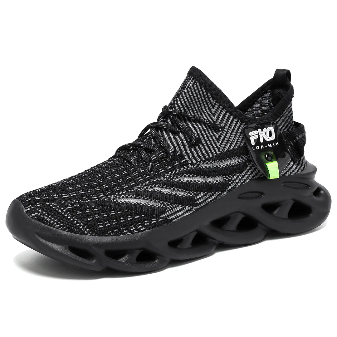 Mikari modern black and grey breathable knit high-top sneakers with a sculpted black sole and a vibrant lime green accent tag, showcased from a three-quarter view.