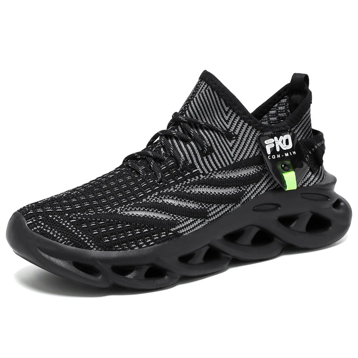 Mikari modern black and grey breathable knit high-top sneakers with a sculpted black sole and a vibrant lime green accent tag, showcased from a three-quarter view.