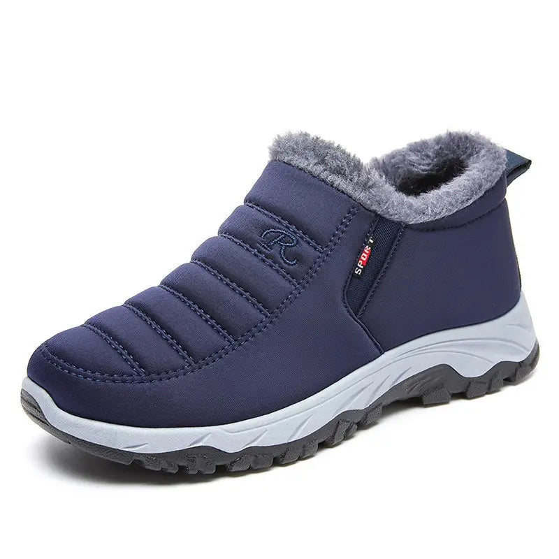 Navy blue quilted slip-on winter boot with plush faux-fur lining, &