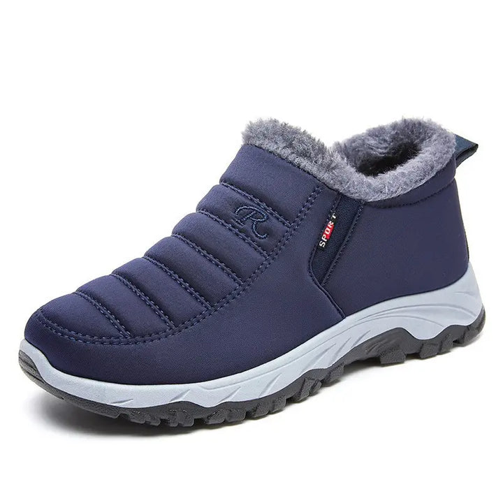 Navy blue quilted slip-on winter boot with plush faux-fur lining, &