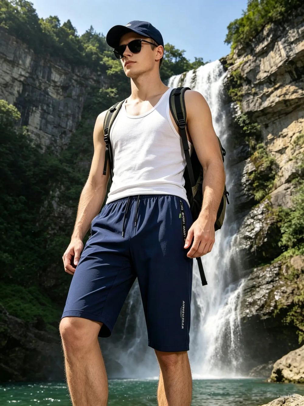 Man wearing navy blue Nymir men's sport capri shorts and a white tank top, standing outdoors near a waterfall. The shorts have a drawstring waist and printed text on the leg. Adventure gear.