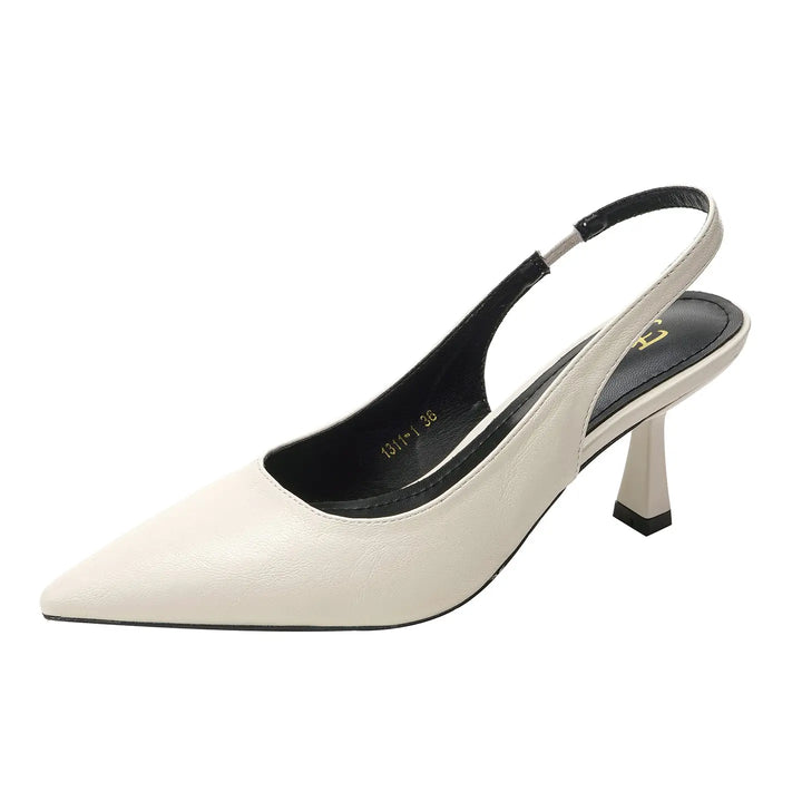 Off-white pointed-toe slingback heels with a sculpted stiletto heel and elasticated slingback strap, presented on a white studio background.