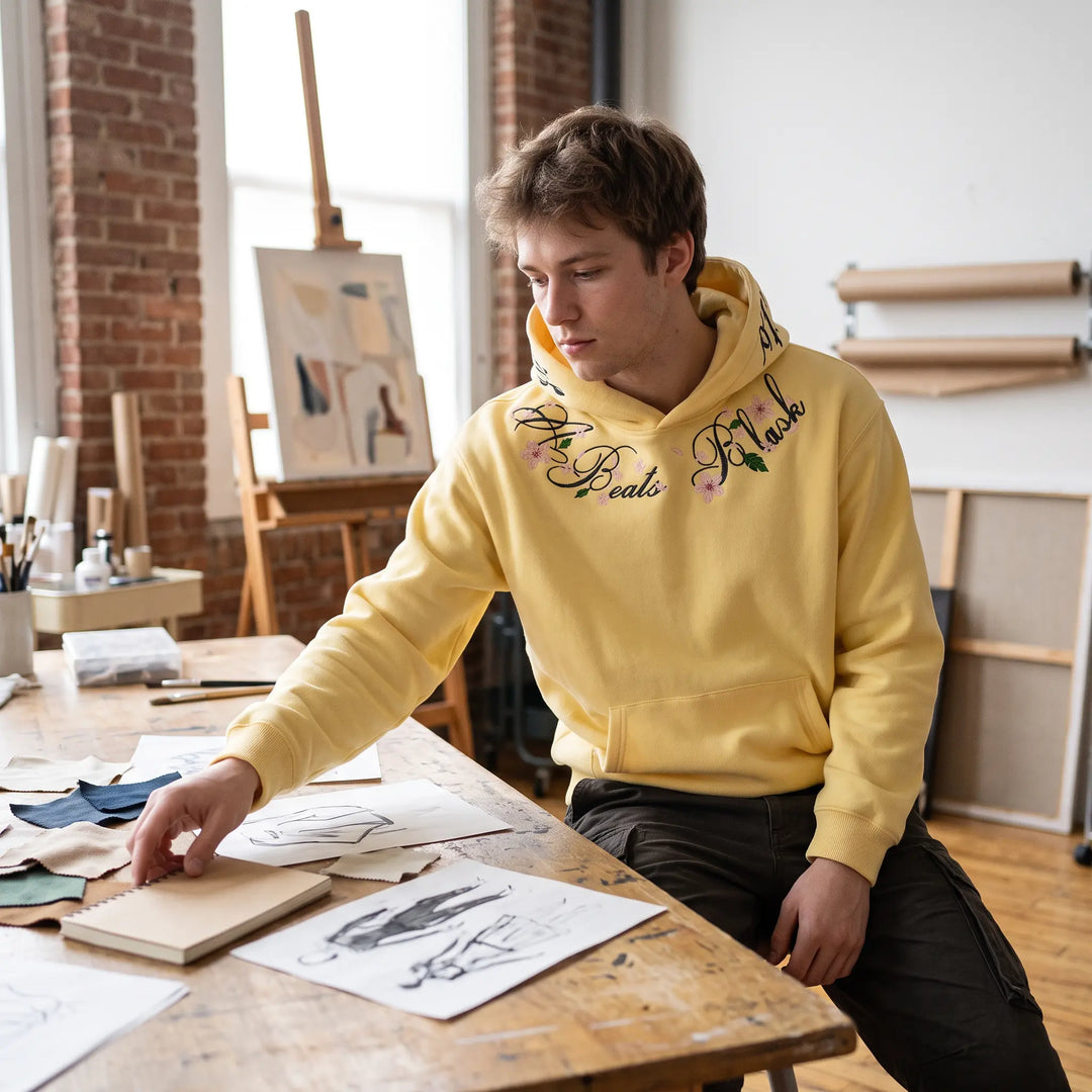 Young man wearing a sunny yellow Orvela relaxed-fit hoodie with vibrant floral and script embroidery around the neckline, sitting at an artist&