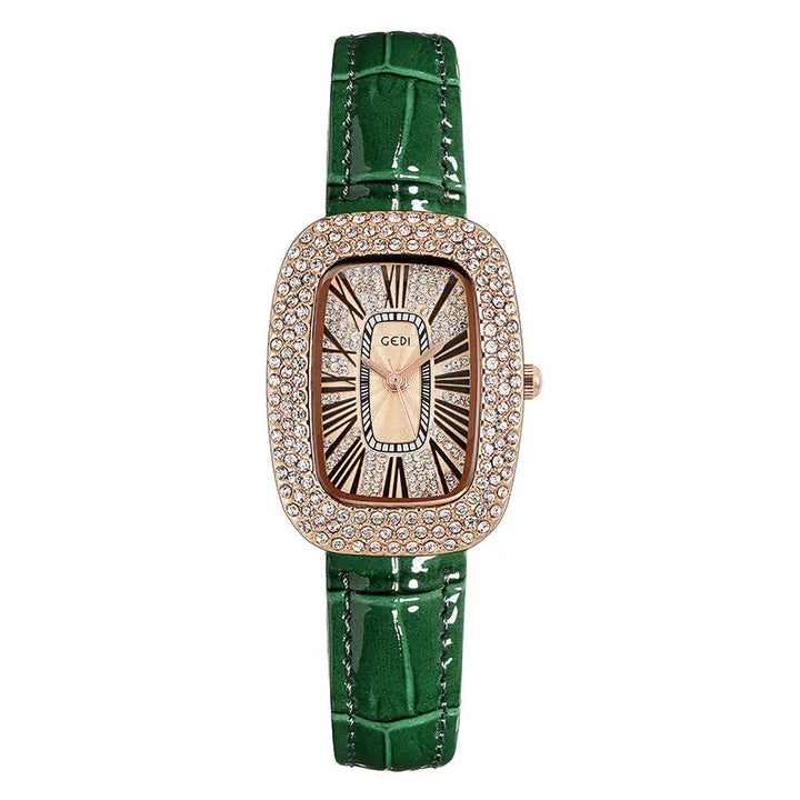 Oval rose gold-toned watch featuring a crystal-embellished bezel, champagne sunburst dial with Roman numerals, and a green alligator-embossed leather strap.