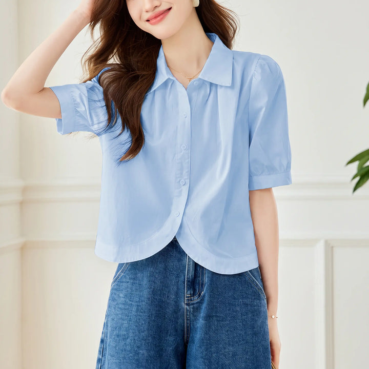 Zyphia - Short Sleeve Shirt Cotton Blend Chic Blouse