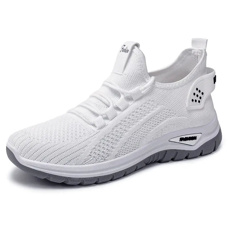 Front view of a white Raxen breathable mesh sneaker with a white sculpted sole and grey accent featuring &