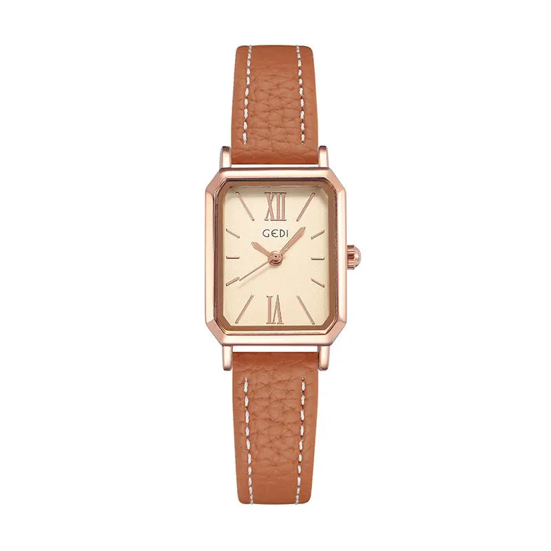 Elegant rectangular rose gold watch with a cream dial, featuring Roman numeral markers and a light brown faux leather strap with white contrast stitching. Front view.