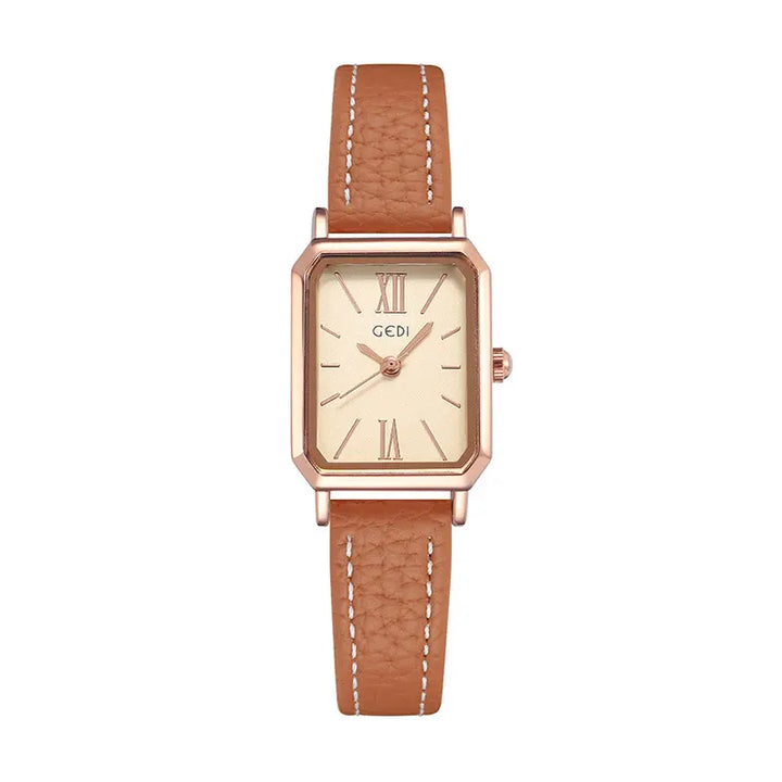 Elegant rectangular rose gold watch with a cream dial, featuring Roman numeral markers and a light brown faux leather strap with white contrast stitching. Front view.